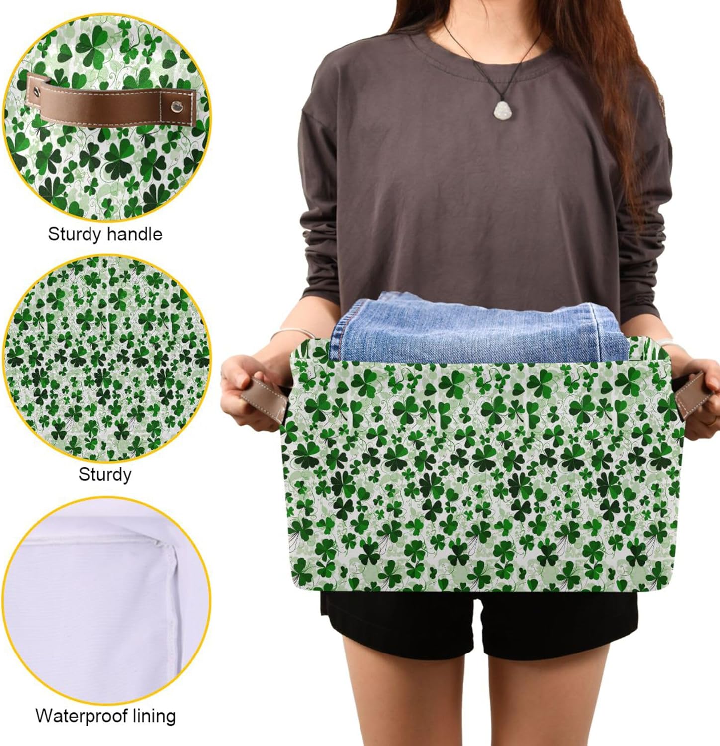 Green Clover Shamrock Lucky Storage Basket Fabric Laundry Baskets Happy St. Patrick's Day Accessories Storage Boxes Organizer Bag for Cloth Toy Book Storage Cubes Shelf Closet Bins 16×12×8 Inches