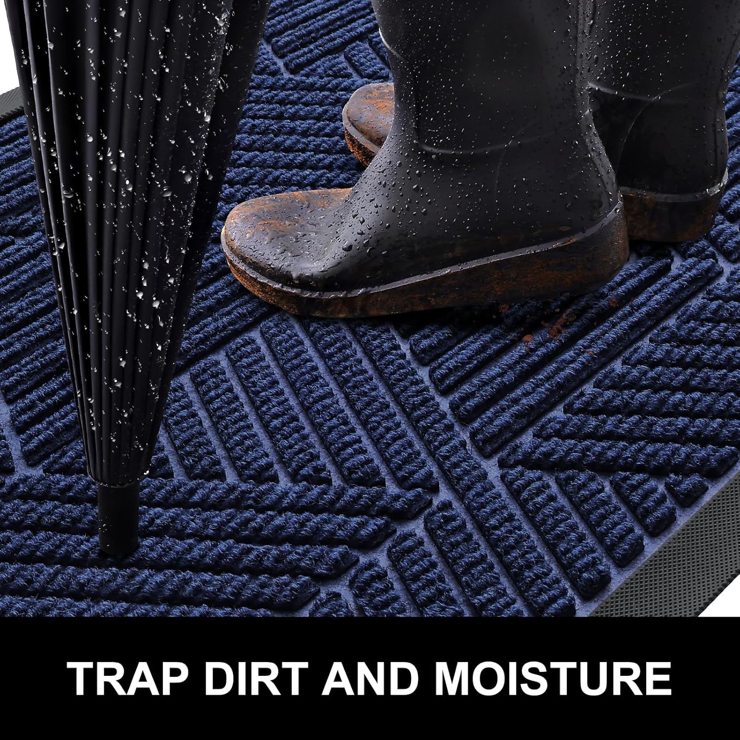 Smiry Front Door Mat Outside Entrance, Heavy Duty Natural Rubber Mat, Sturdy Trap Dirt and Moisture Indoor Outdoor Door Mat, 29.5x17+36x24 Inch, Navy Blue