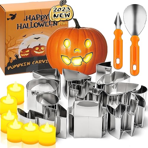 Kit de tallado de calabaza, plantillas de talla de calabaza con luces LED para velas, herramientas de tallado de calabaza para niños y adultos, kit
