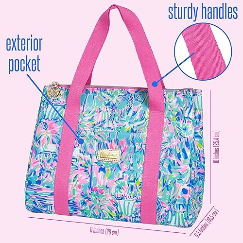 Miniatura 4 de Lilly Pulitzer Bonita bolsa de almuerzo para mujer, bolsa de mano aislada de gran capacidad, mini hielera azul con bolsillo de almacenamiento y