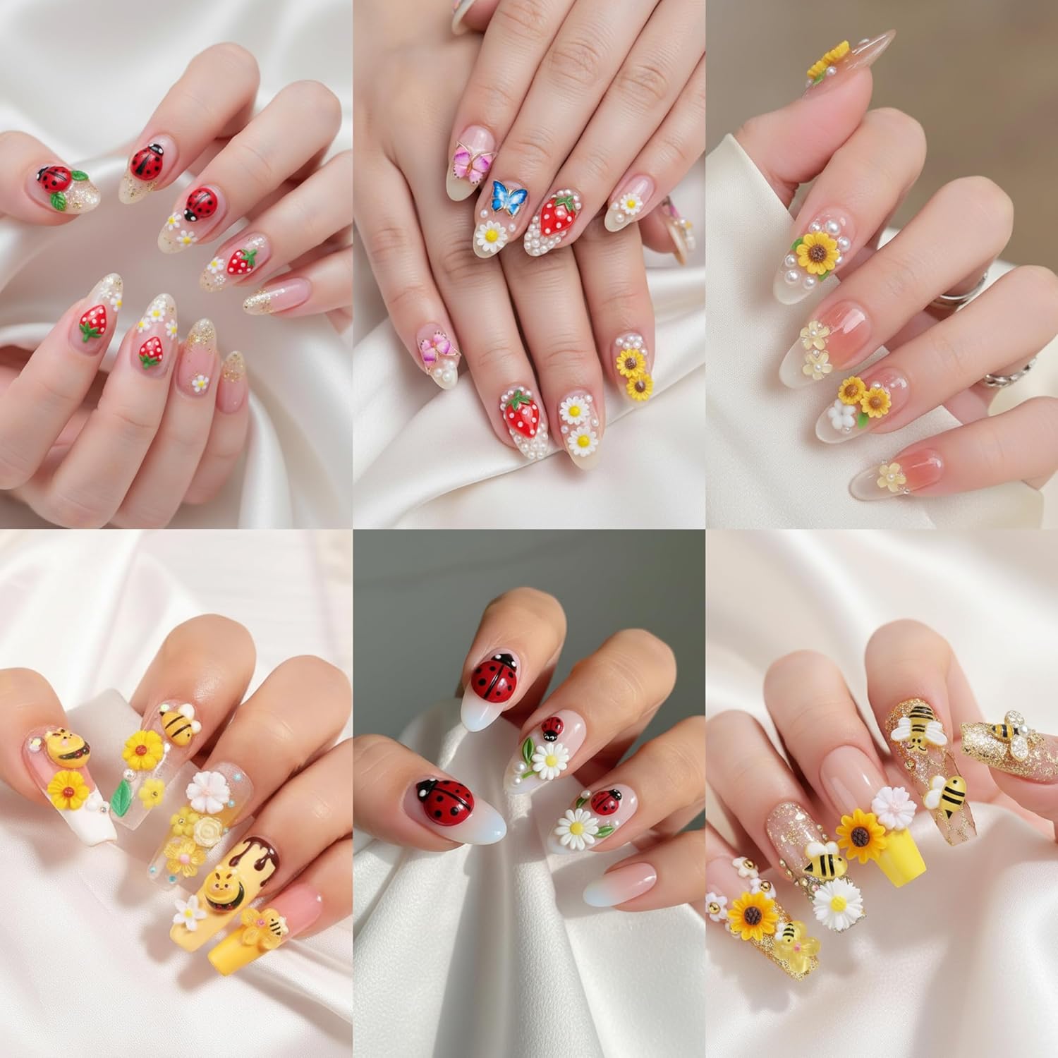 Nail Charms, 2Boxes Cute Summer Nail Charms and Gems Kit, Small Resin Ladybug Bee Sunflower Butterfly Fruit Flower Spring Summer Charms for Acrylic Nail Art Alloy Rhinestones for Women DIY Accessories
