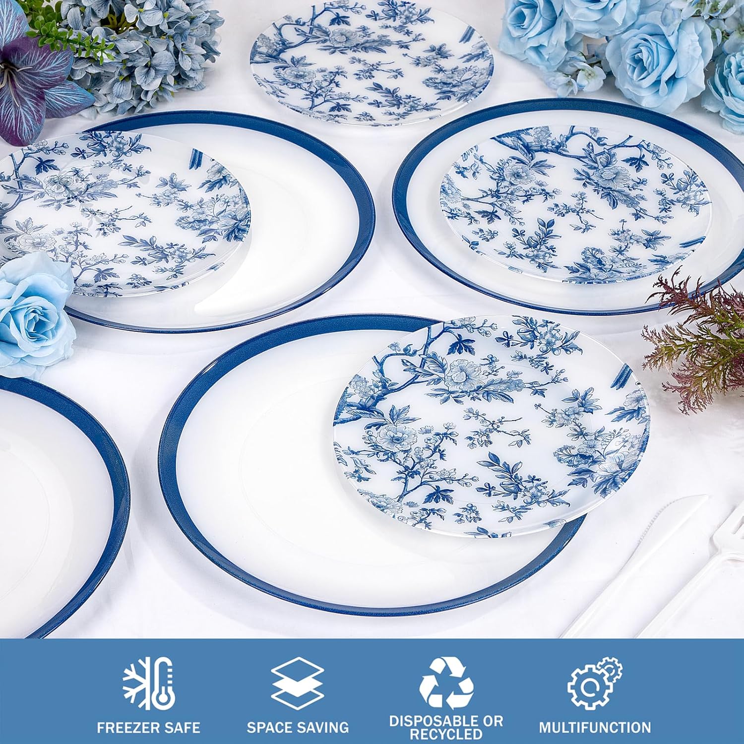 EI 60pcs Blue and White Floral Plastic Plates Fancy Blue Floral Disposable Heavy Duty,10.25inch Dinner Plate and 7.5inch Dessert Plate,Disposable Nice Plastic Plates for Party,Wedding(Value,Elegant) - Image 9
