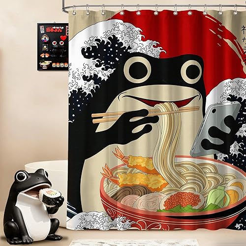 Miniatura 8 de Divertida cortina de ducha con diseño de gato japonés para juegos de decoración de baño, tela de tela impermeable con ganchos, 70 x 72 pulgadas