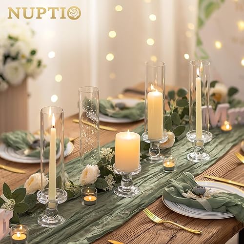 Miniatura 7 de NUPTIO Candelabro de huracán para centro de mesa juego de 6 portavelas de vidrio con cubierta de extremo abierto, soporte cónico para velas para
