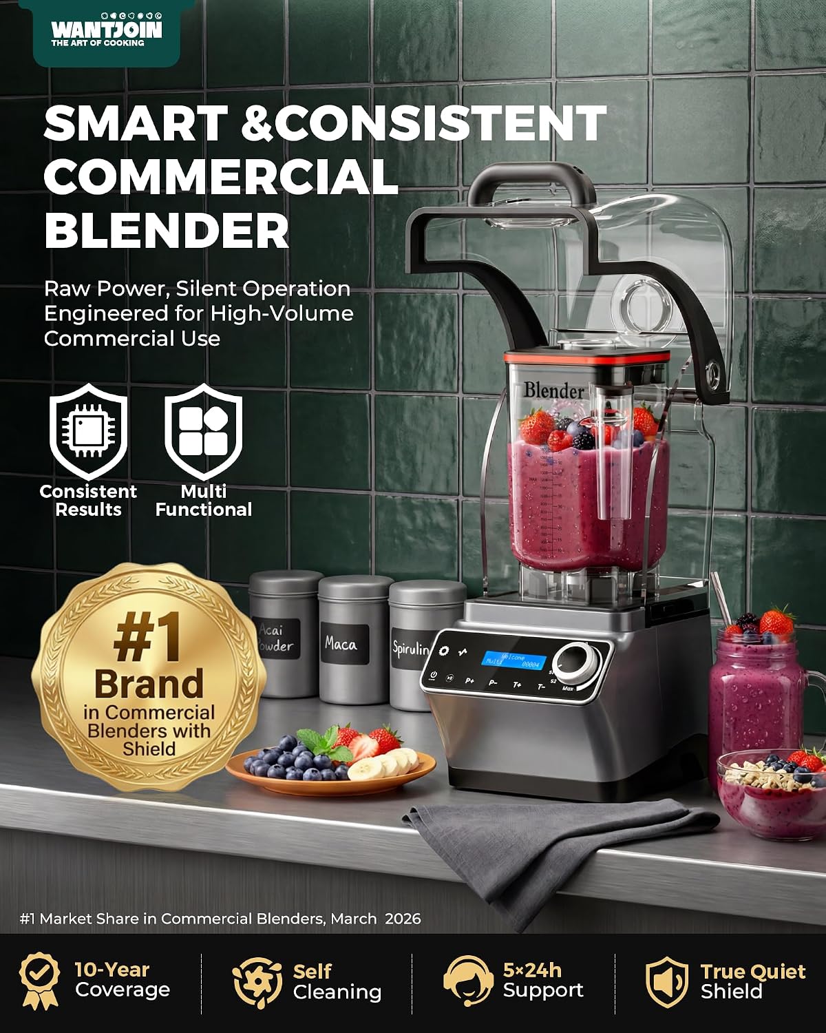 WantJoin Commercial Blender - 68 oz Quiet Blender for Smoothies with LED Touch Panel & Sound Enclosure, 2200W Copper Motor, 30000RPM, 7 Speeds for Frozen Drinks, Juice, Soup