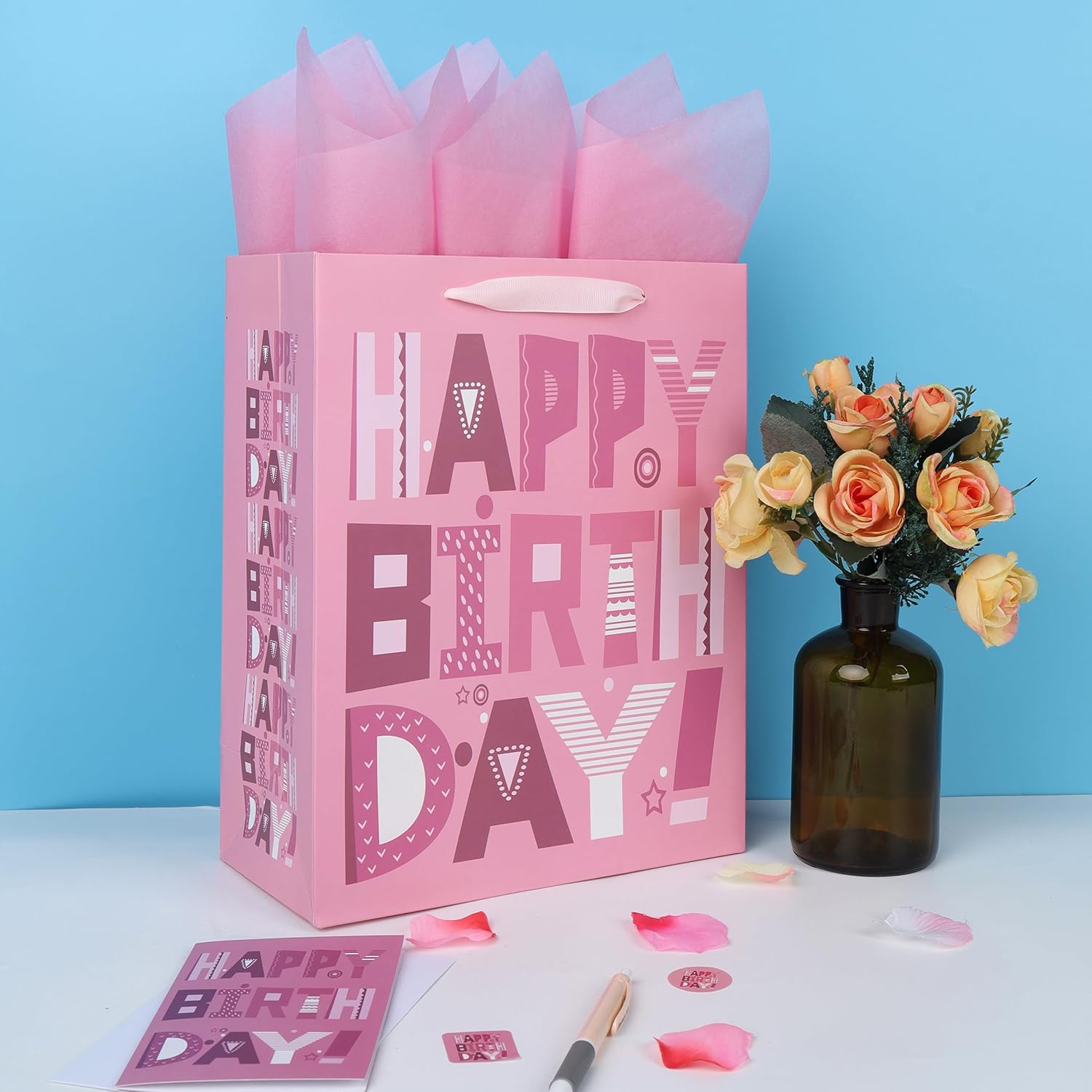 wishinside 13'' Large Happy Birthday Gift Bag Set with Handles, Greeting Card, Pink Tissue Papers and Stickers for Women Girls Kids Teens, Cartoon Design, 1 Pcs - Image 5