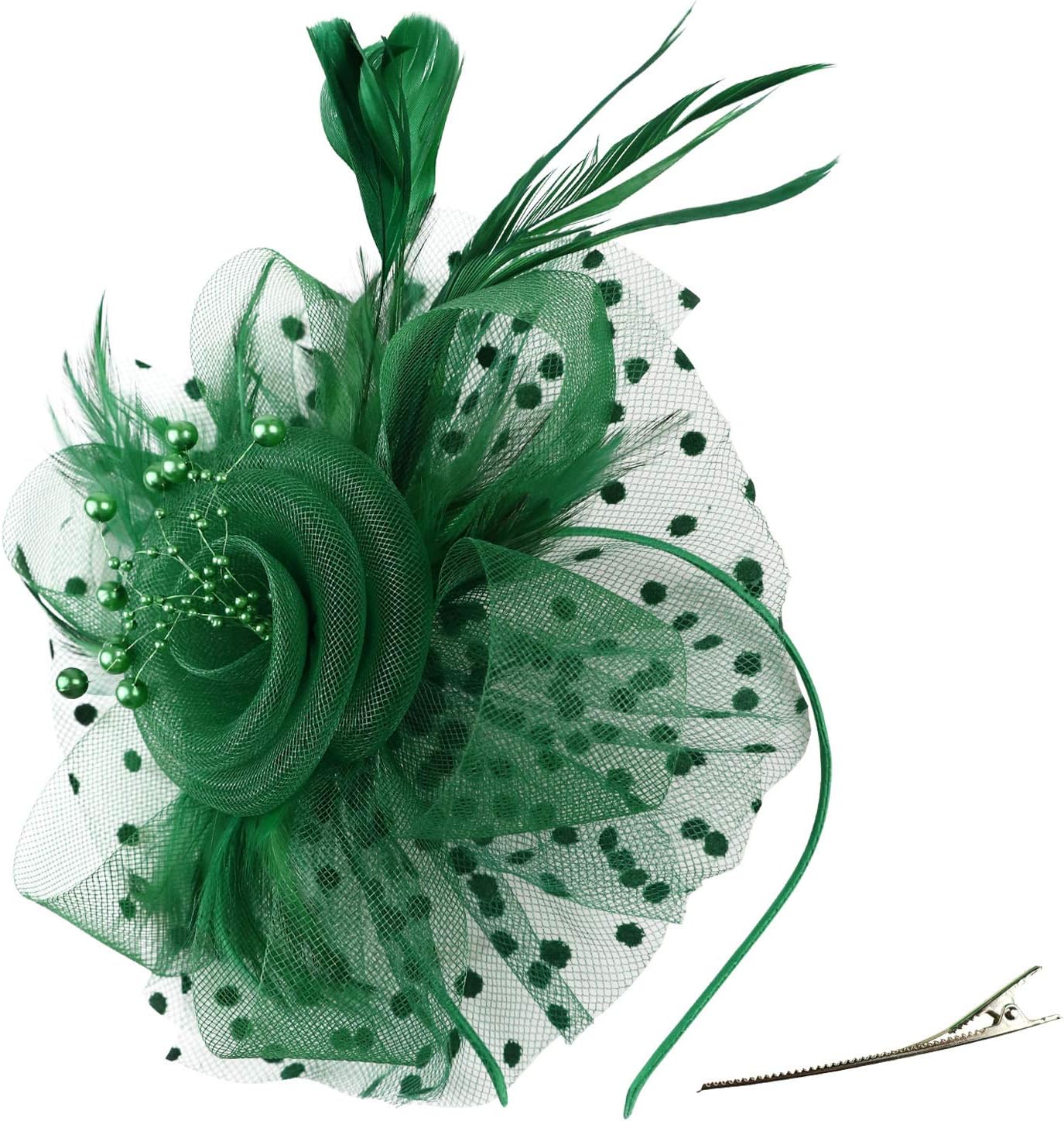 Fascinators Hat Flower Mesh Ribbons Feathers on a Headband and a Clip Tea Party Headwear for Girls and Women