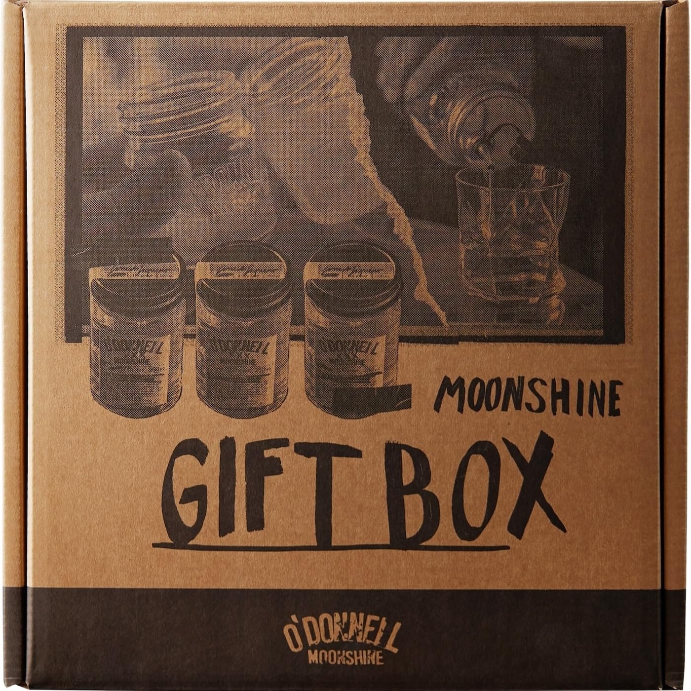 O'Donnell Moonshine Likör Geschenkset Made in Berlin – 3x Premium Likör Toffee, Kirsche & Haselnusslikör (350ml) + 2x Mason Jar Whiskey Gläser + Ausgießer (Geschenk für Männer) in Geschenkbox