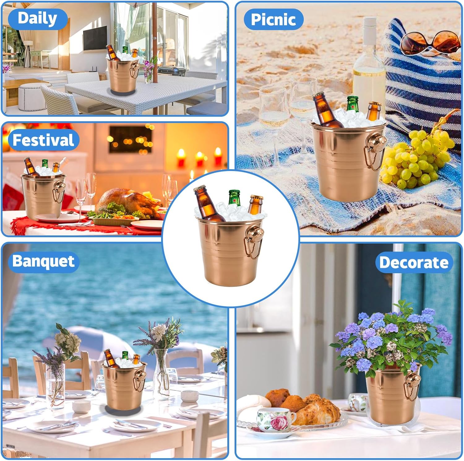 4 Pcs Stainless Steel Champagne Bucket, 3 Qt Double Wall Ice Bucket with Handles, Metal Wine Chiller for Champagne, Beer, Cocktails, Home Bar, Party Beverage Cooler (Rose Gold)