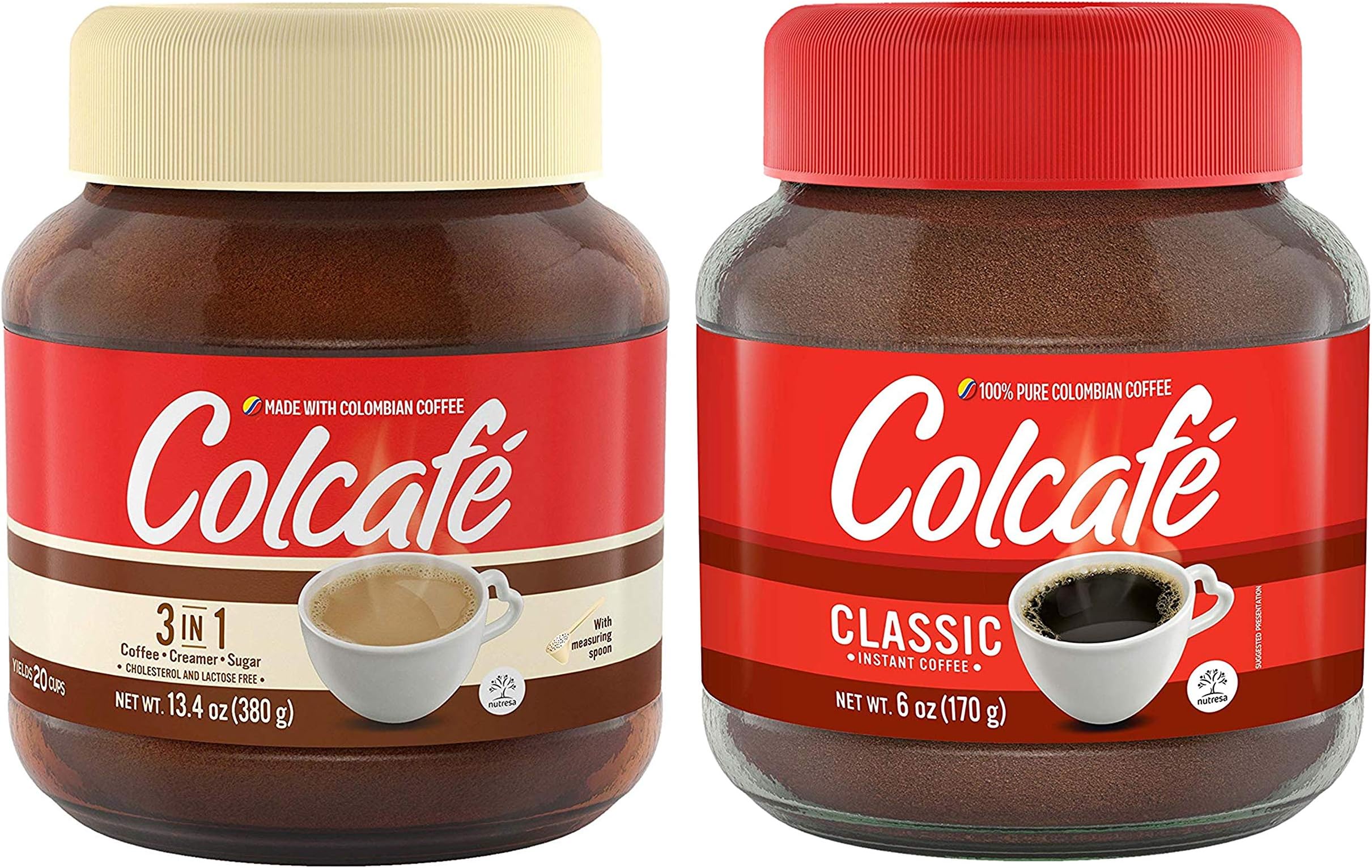 Colombian Coffee Colcafe COMBO, 1 Instant Classic Coffee 6 Oz & 1 Cafe con Leche 13.4 oz