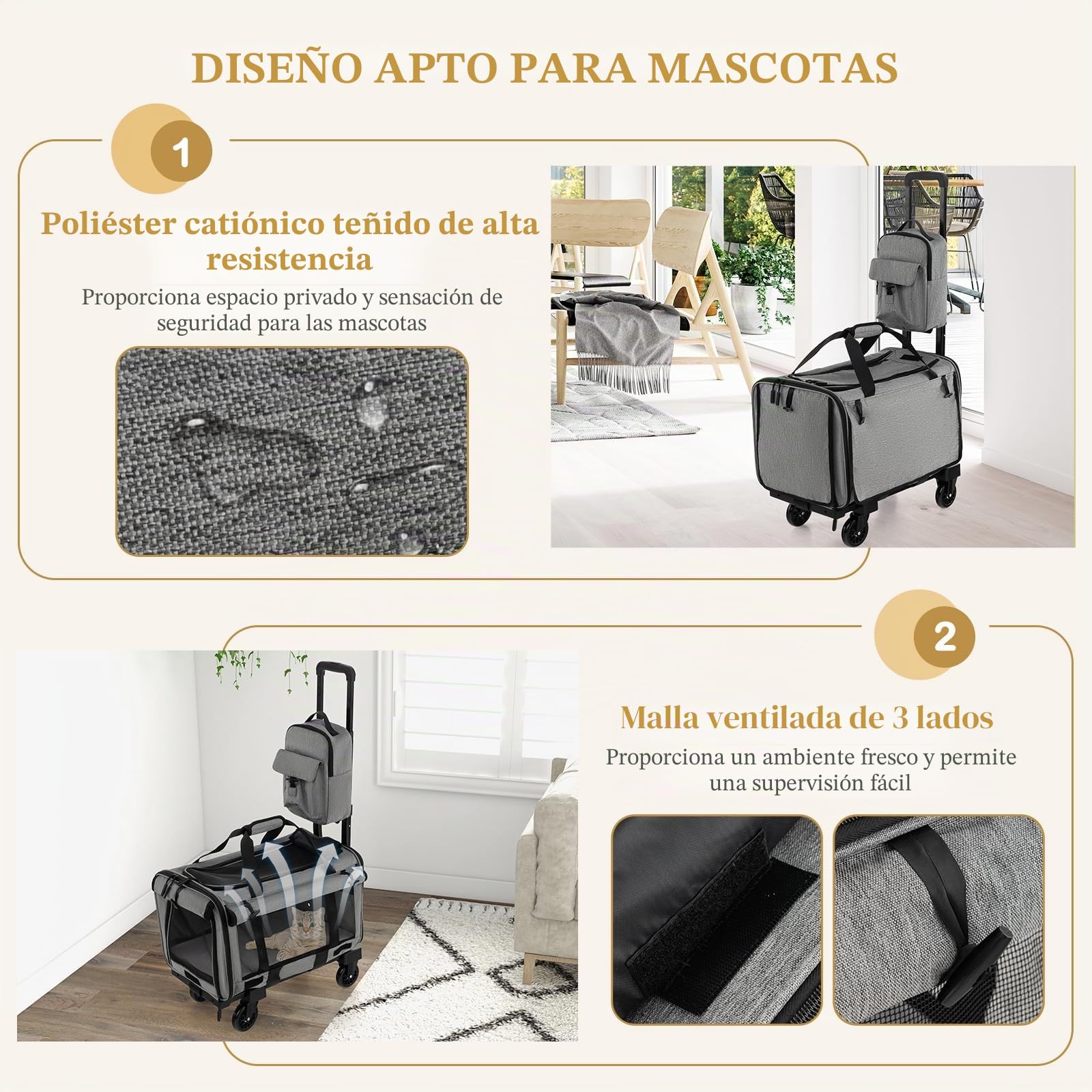 GYMAX Transportín Portatil Mochila para Gatos, Carrito para Mascotas con Asa Telescópica, Bolsa de Transporte, Bolsa de Transporte de Viaje para Mascotas Pequeñas y Medianas, Gris