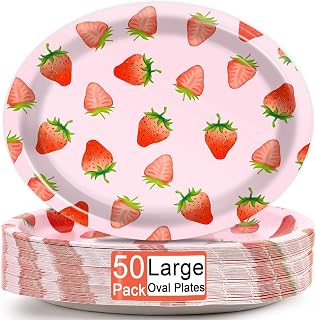 Qyeahkj 50 PCS Strawberry Oval Paper Plates Large 11” Disposable Strawberry Party Decorations Berry Sweet Supplies Favor for Birthday Summer Fruit Party Baby Shower Tableware Set