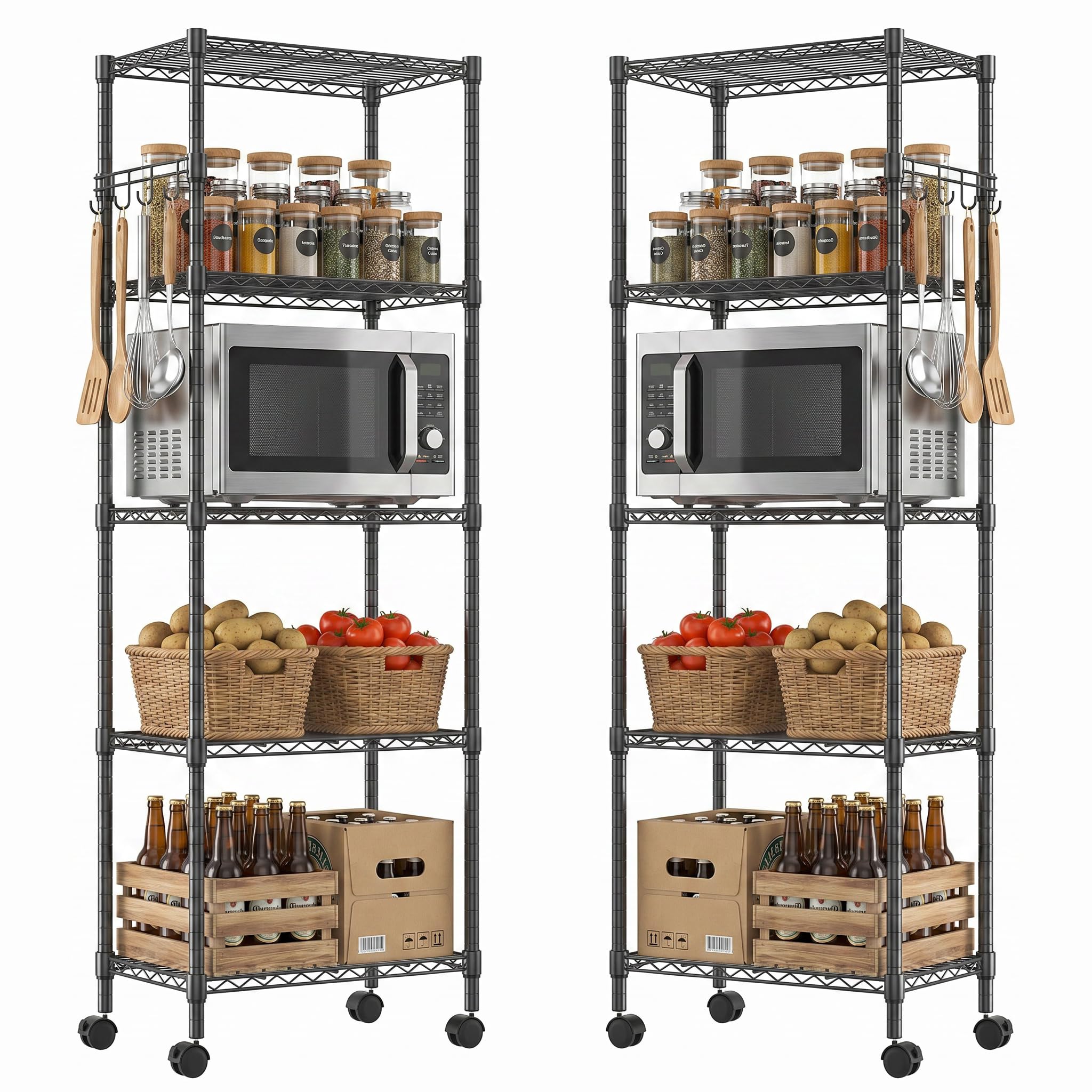 Himimi Set of 2 5-Tier Wire Shelving Unit with Wheels, 59W x 35D x 183H cm, Height Adjustable Metal Shelving Unit, Free Standing Storage Rack Shelf for Kitchen Pantry Bathroom Garage Office, Black