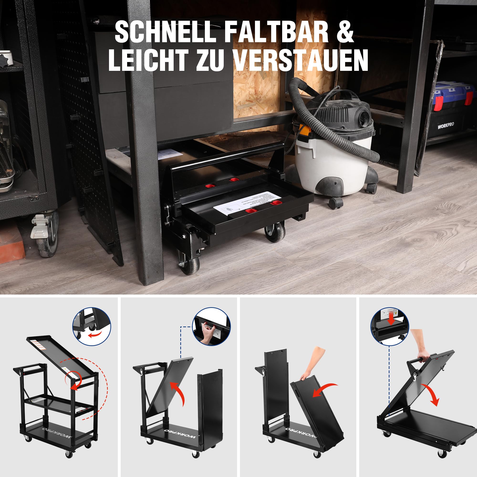 WORKPRO Servierwagen 3-in-1, Klappbarer Wagen 3 Etagen, Rollwagen klappbar, Dienstwagen mit Rädern, für Küche, Hotel, Werkstatt, Kunststudio und Galerie