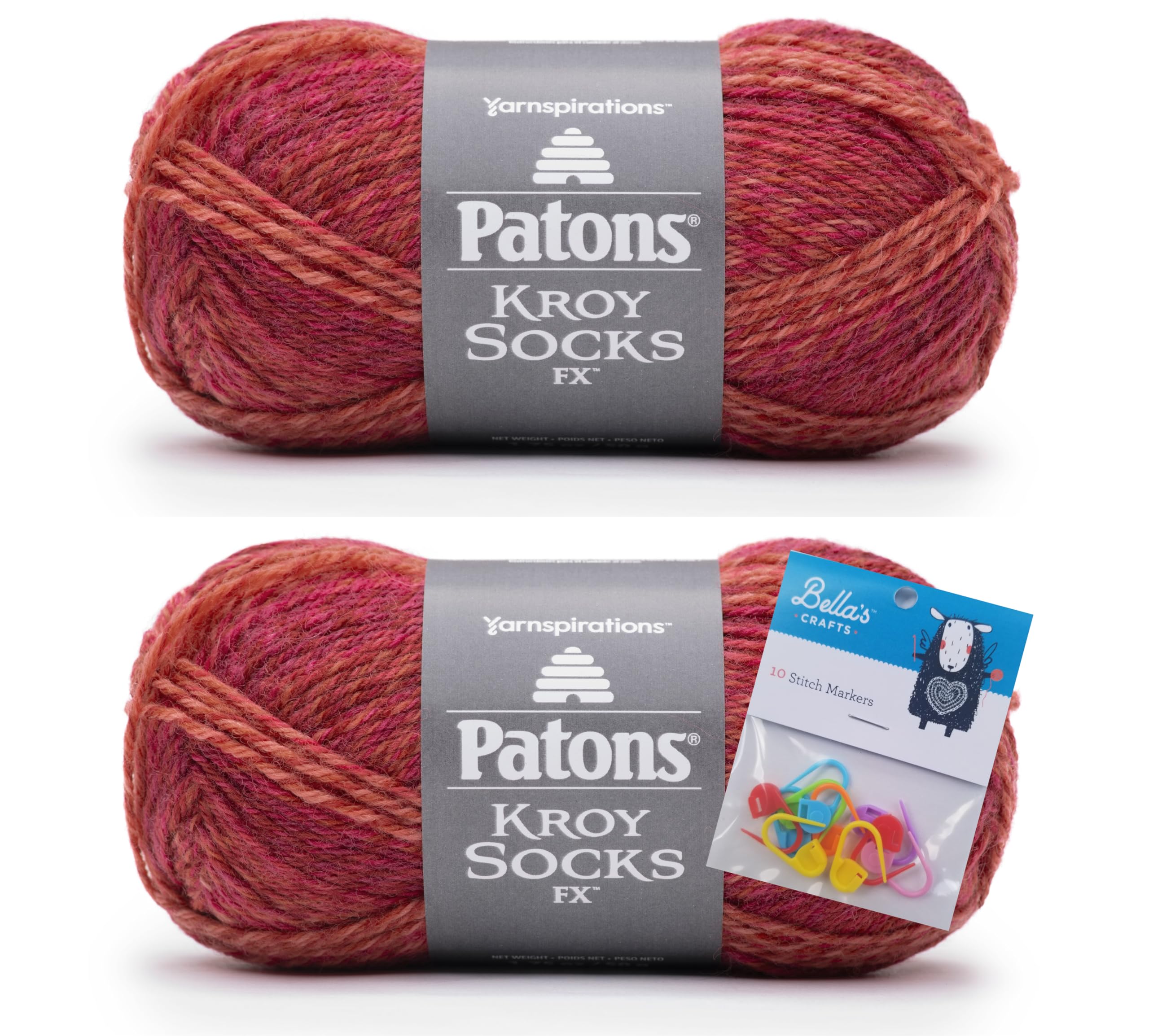 Patons Kroy Socks FX Yarn 2-Pack Bundle with Bella's Crafts Stitch Markers (Geranium Colors)