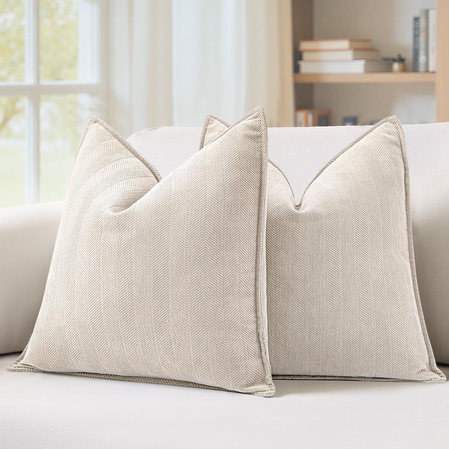 MIULEE Pack of 2 Cream Beige Decorative Chenille Pillow Covers 20x20 Inch | Soft Couch Throw Pillows,Farmhouse Cushion Covers with Elegant Design for Sofa,Bedroom,Living Room,Spring Home Decor