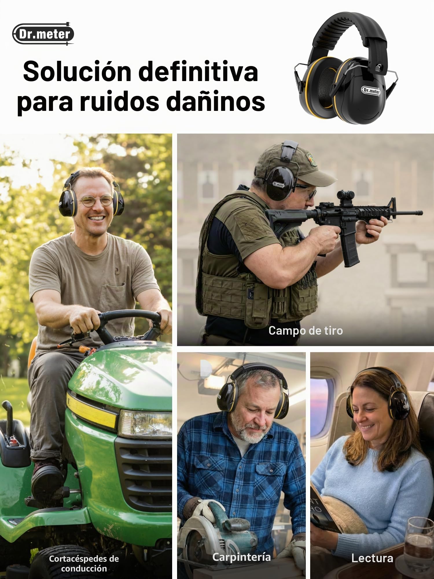 Dr.meter Cascos Antiruido Adultos 31dB, Cascos de Obra Protectores Auditivos Ajustables para Trabajo, Construcción, Tiro Deportivo y Estudio, Cascos Insonorizados Aislantes de Ruido, Negro+Amarillo