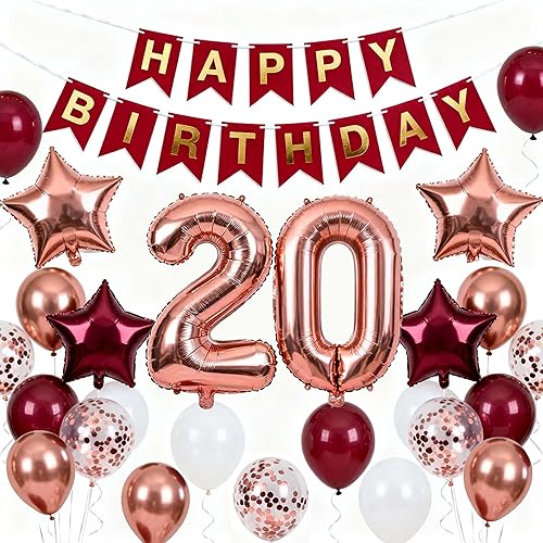 Decoraciones de fiesta de cumpleaños número 20 color oro rosa para mujeres, pancarta de feliz cumpleaños, globos de papel de aluminio con forma de