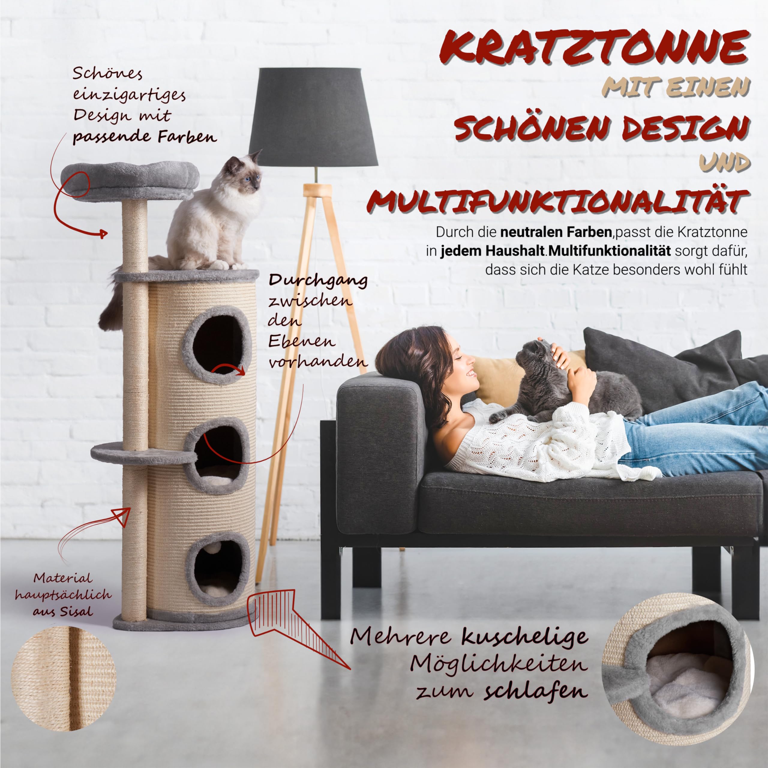 Kratztonne für Katzen, Sisalmaterial, 45cm x 35cm x 121cm, Einzigartiges Design, Kuschelige Schlafplätze, Beige