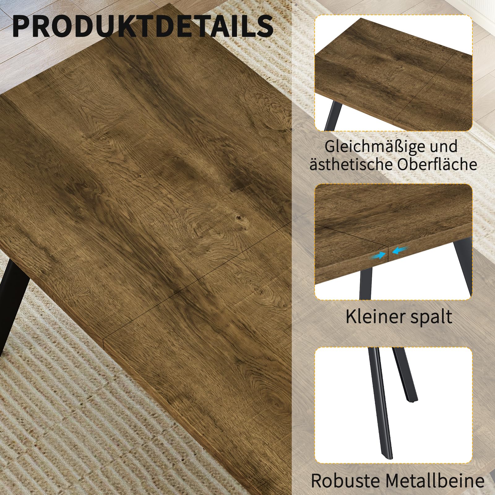 LEWE Essgruppen Esstisch mit 4 Stühlen, 160 x 80 x 75 cm Rechteckig Esstisch aus Holz mit 4 Esszimmerstühle, Drehbar 360°, Durchbrochene Rückenlehnel, Gepolstert, für Küche Esszimmer und Wohnzimmer