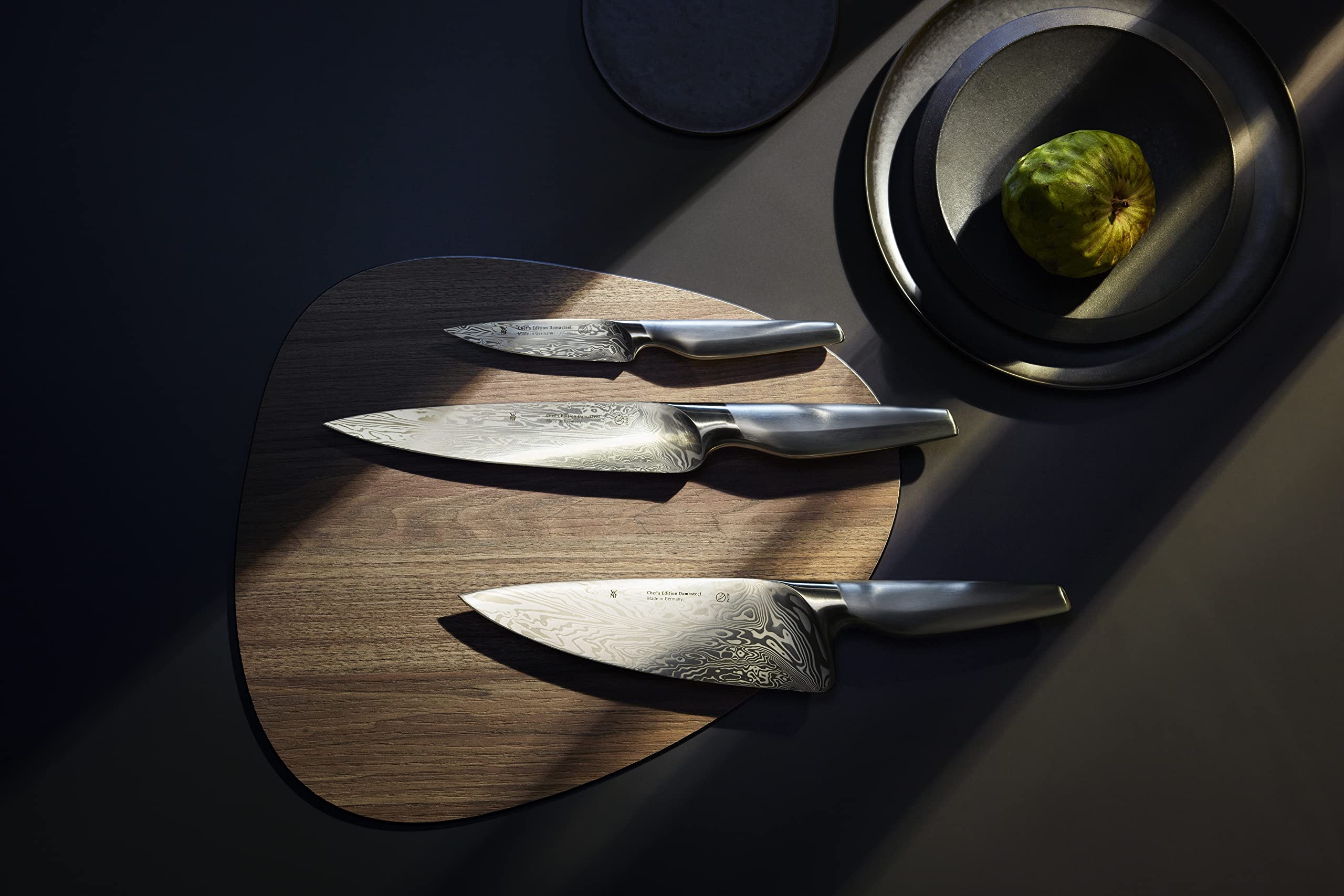 WMF Chef´s Edition Damasteel Messerset 3teilig, Made in Germany, 3 Messer geschmiedet, Küchenmesser, Performance Cut, Damaststahl 120-lagig, Holzbox