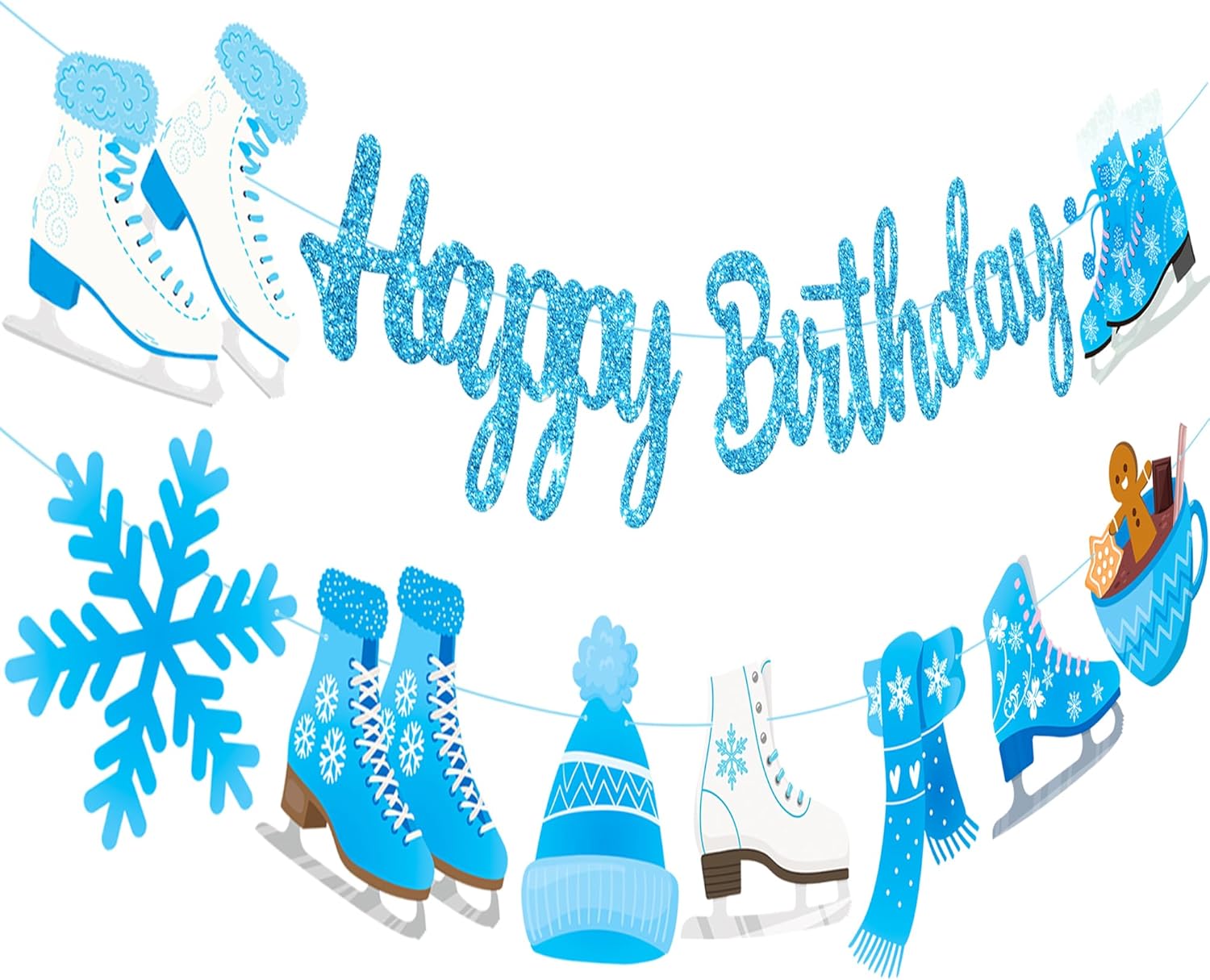 Ice Skating Happy Birthday Banner Ice Skating Birthday Party Supplies Light Blue Glitter Snowflake Banner for Winter Wonderland Decorations Girls Winter Party Supplies