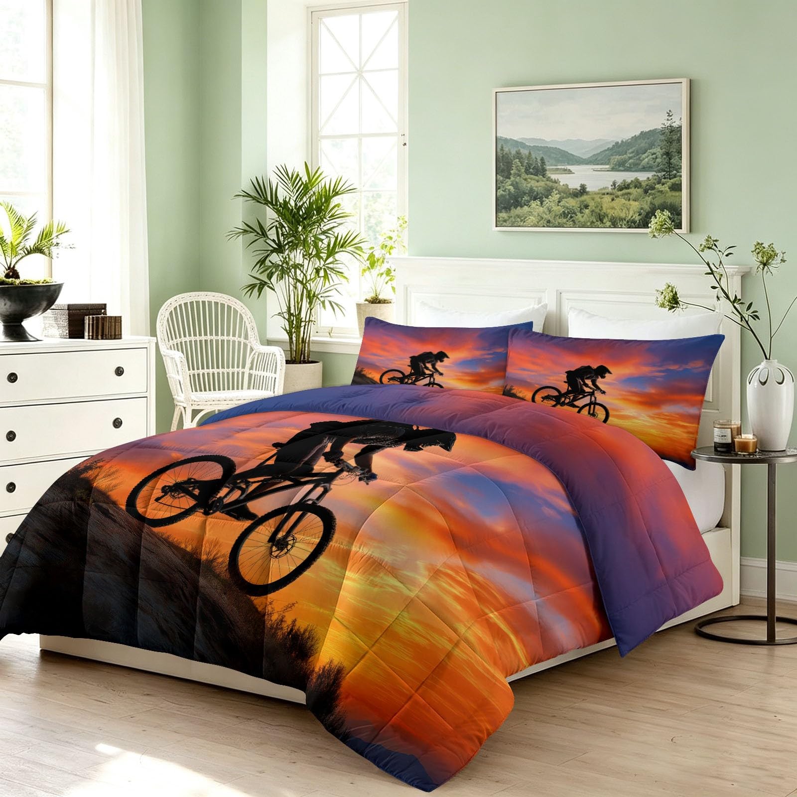 Generisch Piumino da 200 x 200 cm, motivo foresta, tramonto e bicicletta, utilizzabile per 4 stagioni, senza rivestimento, soffice e morbido, per fotografia, ciclismo, lavabile, con federa