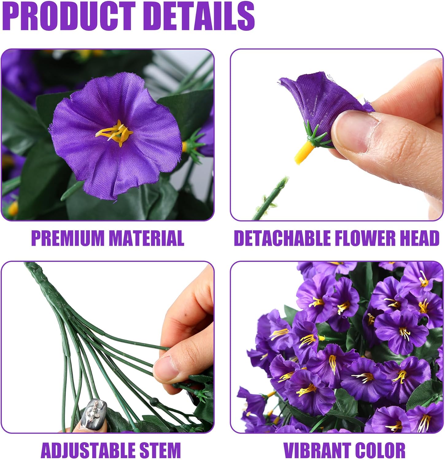Sggvecsy Artificial Fake Hanging Flowers Plants for Outdoor Outside Spring Summer Decoration 4PCS Faux Silk UV Resistant Realistic Morning Glory Trailing Vines for Home Porch Patio Balcony(Purple)