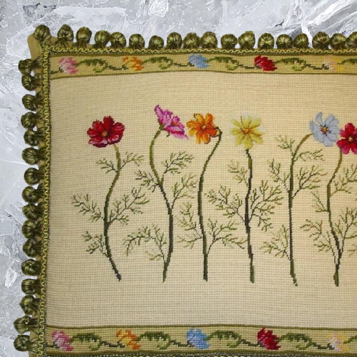 Handmade Wool Needlepoint Throw Pillow Cover 16x20 - Vintage French Country Decorative Cushion Cover for Couch, Bed, and Spring Home Deco