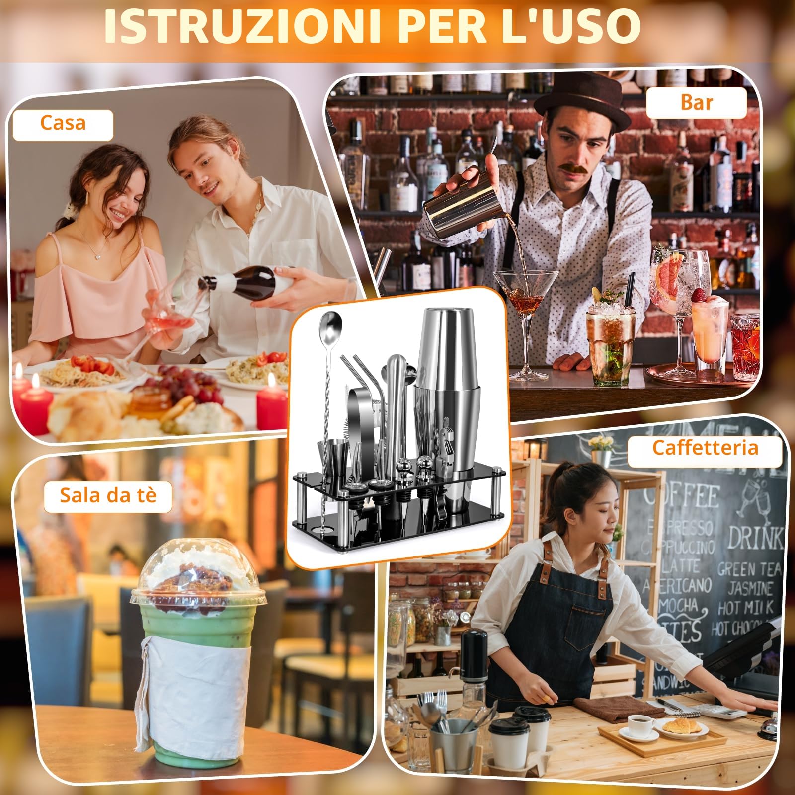 18 Pezzi Cocktail Shaker Set, Kit da Barman in Acciaio Inox, Kit Set Cocktail, Strumento Accessorio Barra Professionale, Set Regalo con Ricettario per Drink, Casa, Bar, Feste