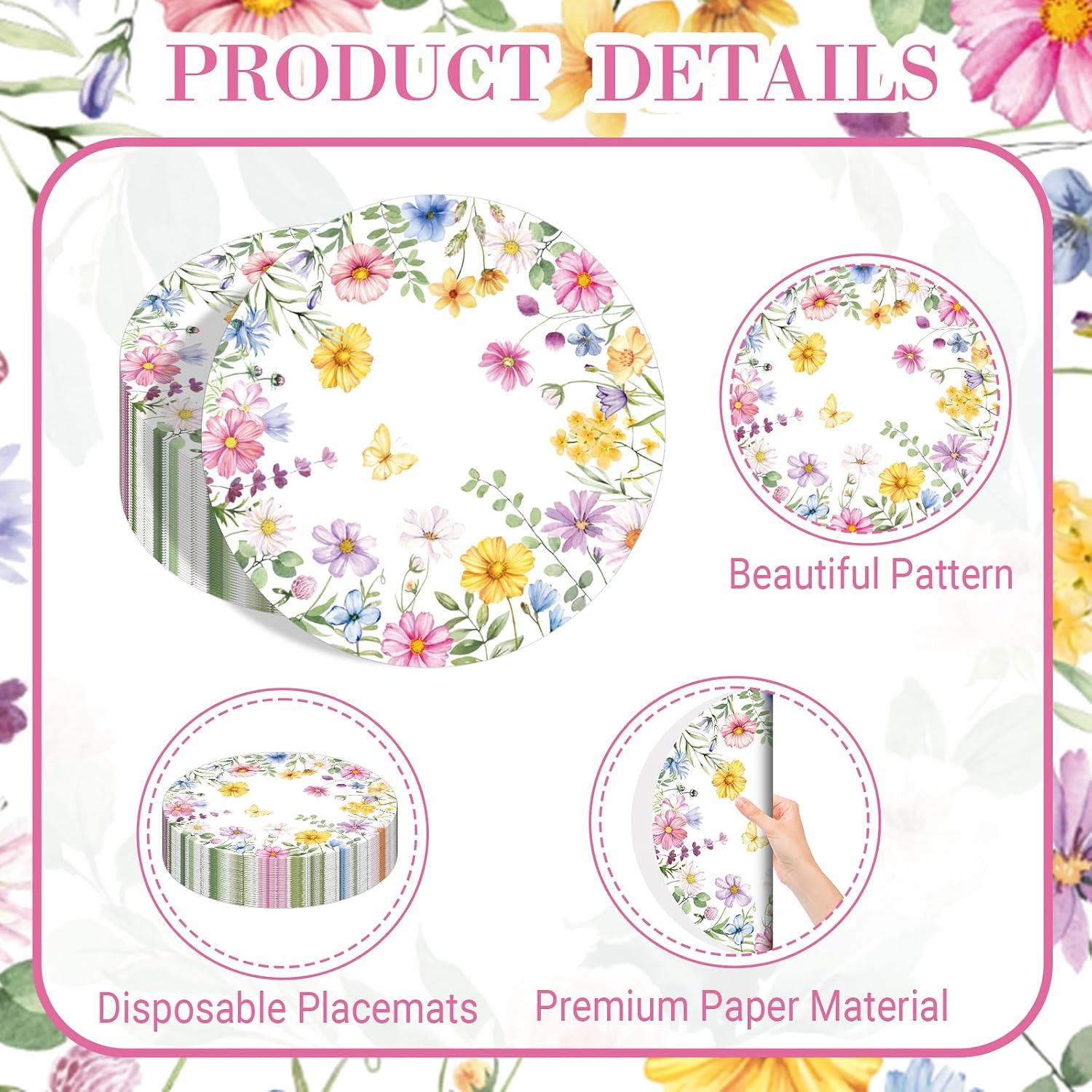Watercolor Wildflower Wreath Paper Placemats - 50PCS Disposable Round Table Mats for Summer Brunch Birthday Wedding Anniversary Bride Party Supplies image 3