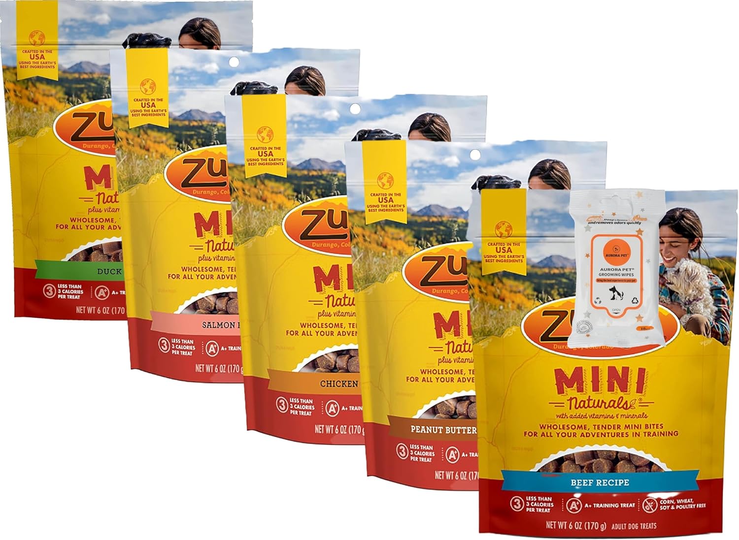 Aurora Pet Variety Pack (5) Zukes Mini Naturals Soft Dog Treats (1) Chicken (1) Beef (1) Salmon (1) Duck (1) Peanut Butter & Oat with AuroraPet Wipes