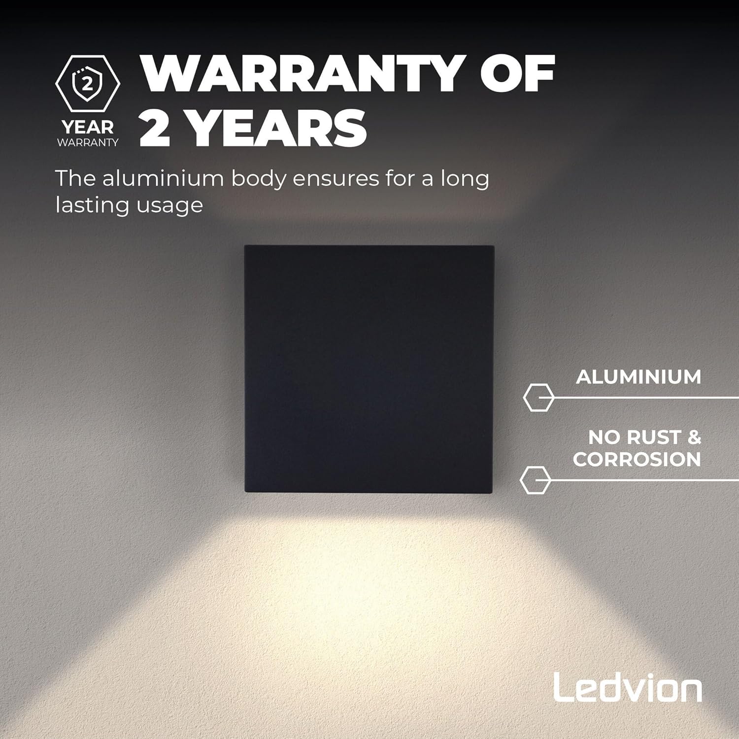 Image indicating a 2-year warranty for the Ledvion product, highlighting its aluminum body for long-lasting usage, with no rust or corrosion.