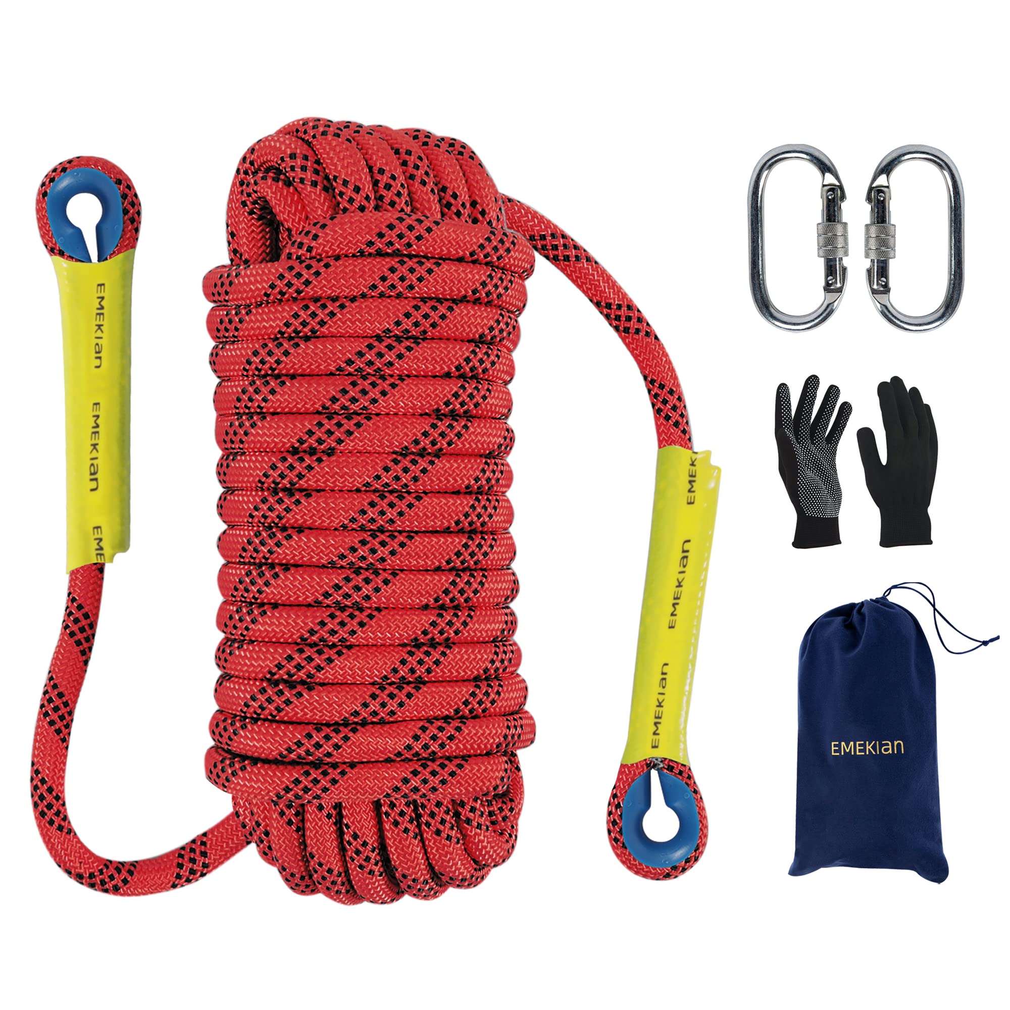 EMEKIAN 10mm/12mm/14mm Indoor Outdoor Climbing Rope, Static Rock Climbing Rope for Escape Rope, Ice Climbing Equipment, Fire Safety Rescue Rope, with Non-Slip Gloves