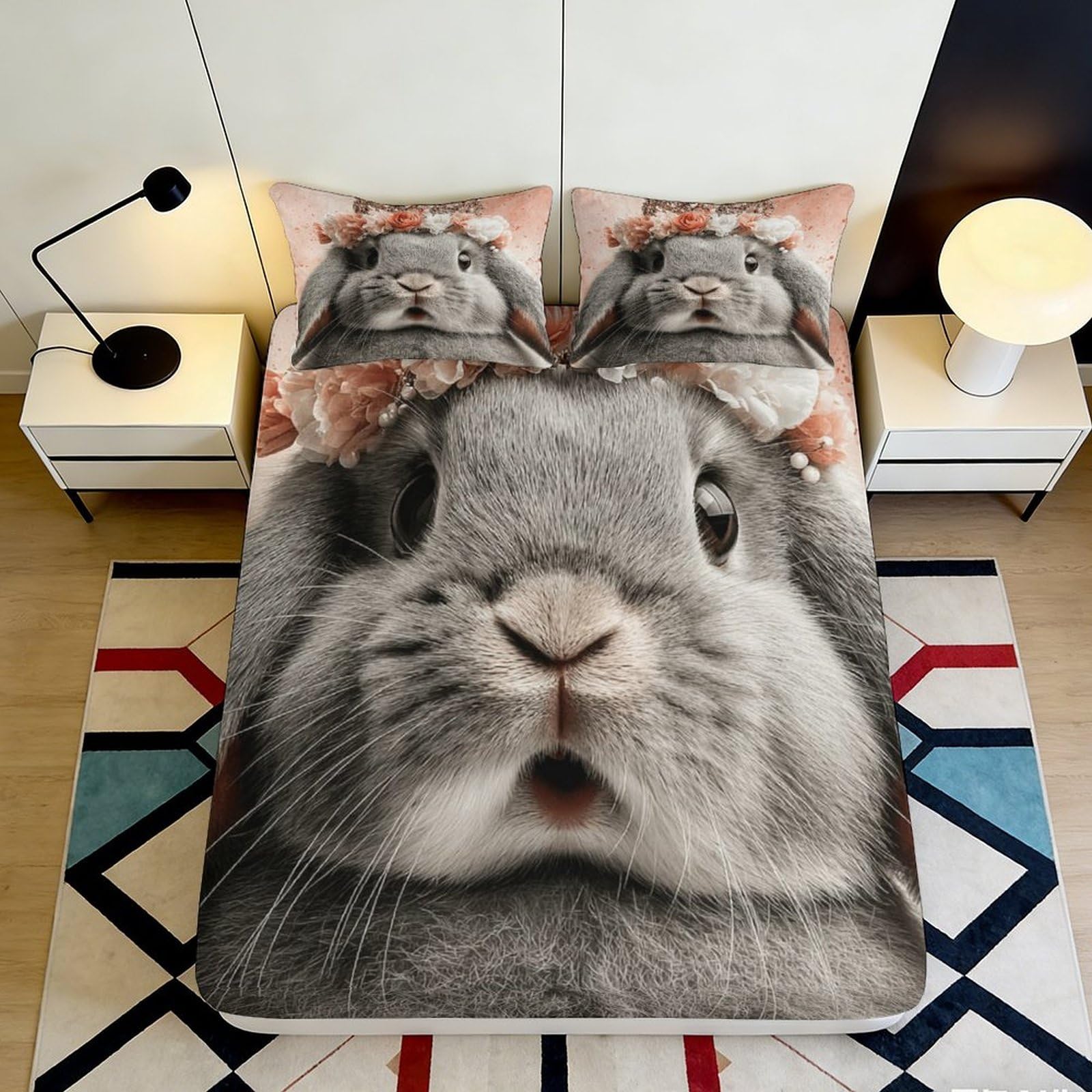 3D Printed Cute Bunny Fitted Sheet Microfiber Soft Animal Floral Mattress Cover Non-Slip Easy Care for Bedroom Dorm Decor 140x200x25cm