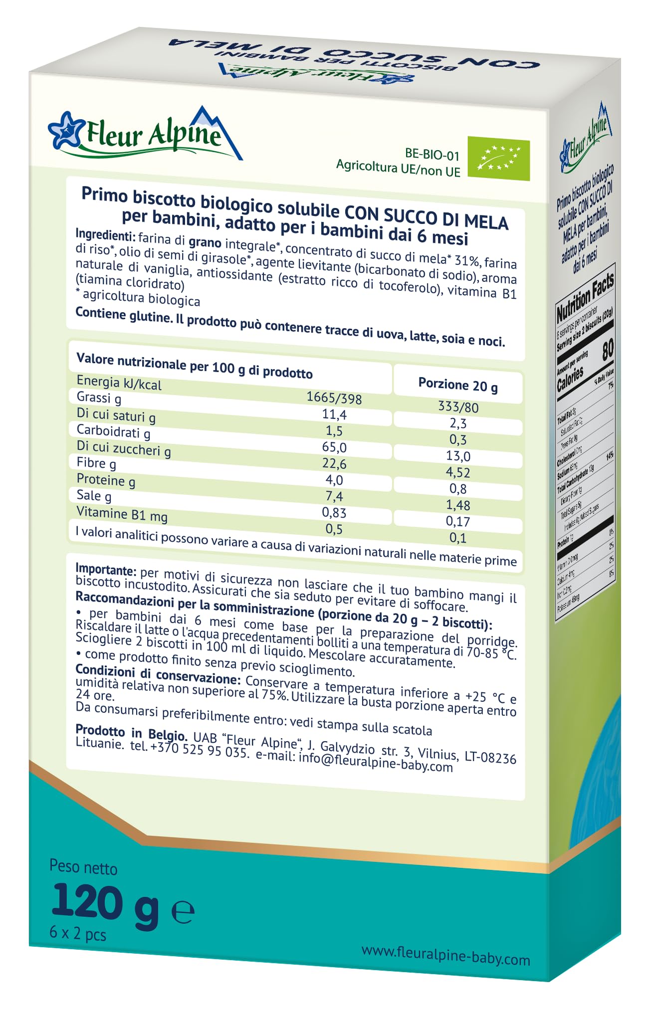 FLEUR ALPINE Biscotti Baby con Succo di Mela, 3x120g I Snack Alimento Completo per Bambini dai 6 Mesi in Su I Snack Fette Biscottate Integrali senza Zuccheri Aggiunti I 18x2 Biscotti