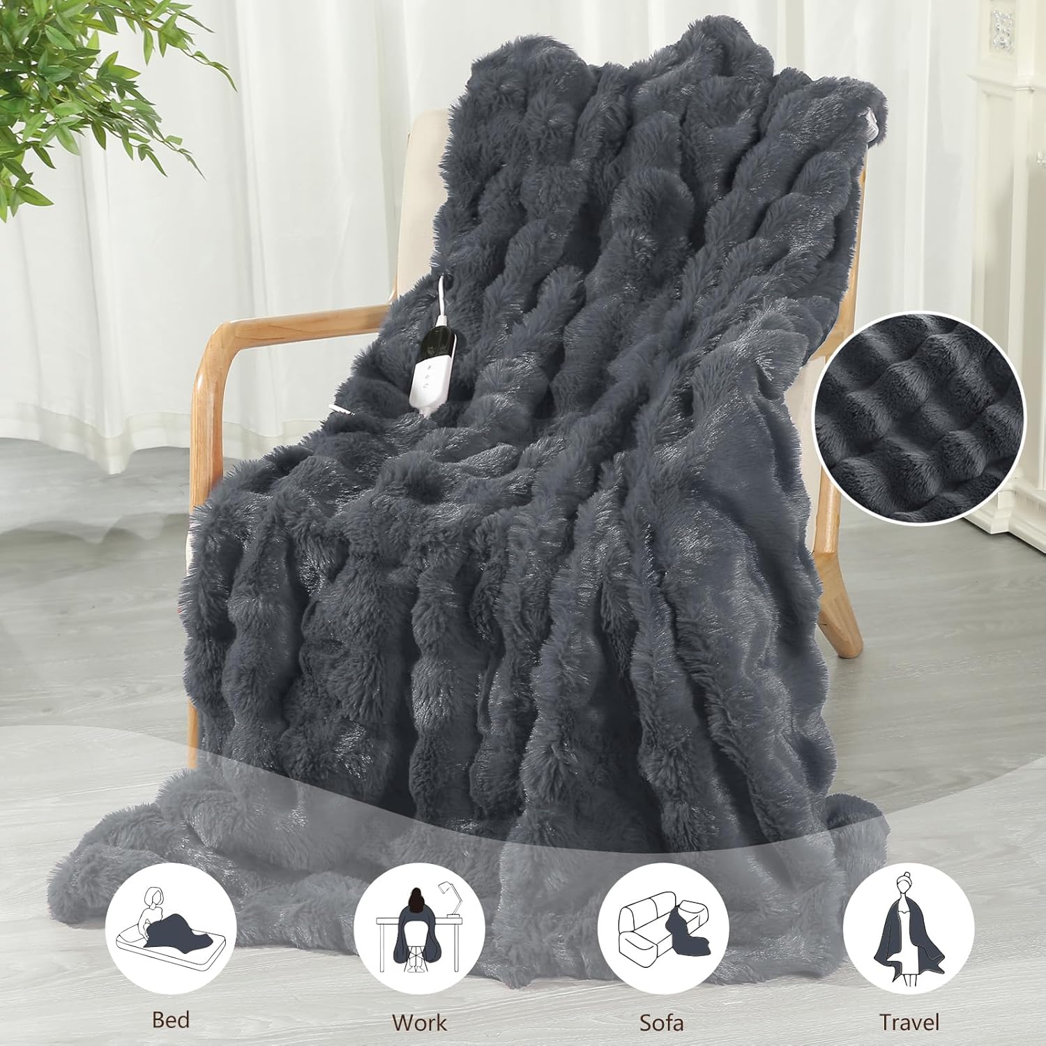 Heated Blanket Throw Electric Throw Blanket,Luxury Faux Fur & Thick Bubble Electric Throw Blanket with 6 Heating Levels & 4 Hours Auto Off,Overheat Protection, ETL Certified 50" x 60", Dark Gray - Image 7