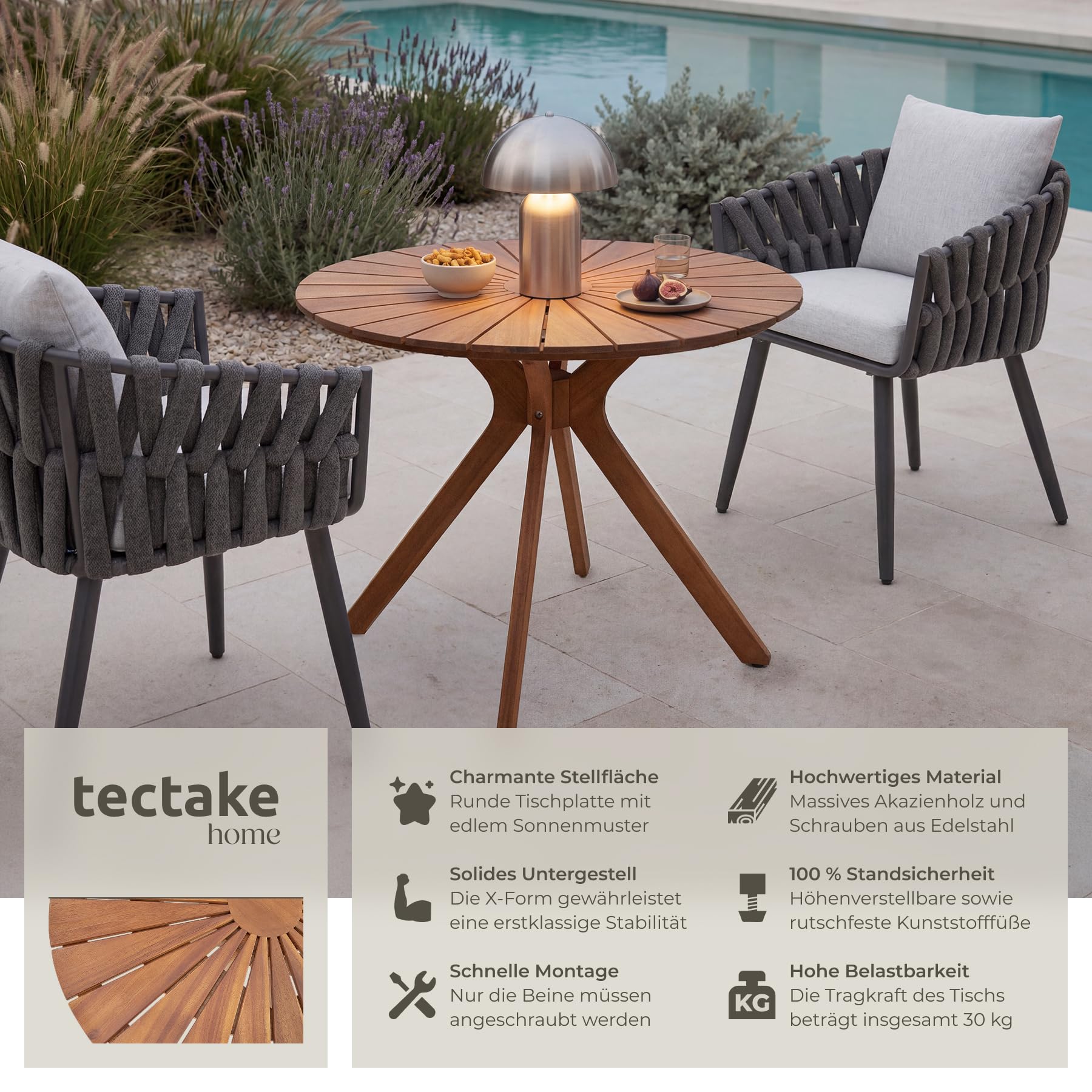 tectake® Massivholz Gartentisch, 70 x 70 x 62 cm, rund, wetterfest, X-Gestell, höhenverstellbar, Gartenmöbel, Akazienholz Gartentische, Outdoor Tisch, Gartentisch, Tischplatte mit Sonnenmuster