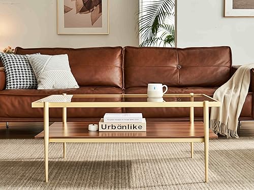 Miniatura 5 de Shrine - Mesa de café rectangular, diseño moderno de mediados de siglo, estructura de 2 niveles, parte superior de vidrio transparente y estante de