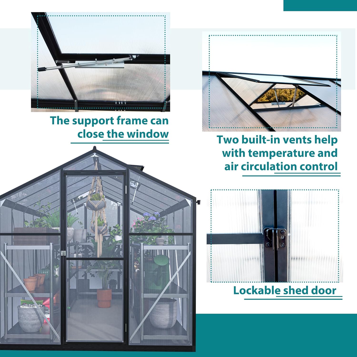 Thanaddo 6x12 ft Polycarbonate Greenhouse Upgraded Heavy Duty Aluminum Walk-in Green House for Outdoor Garden with Base,Adjustment Roof Vent,Hinged Door,Rain Gutter,2 Gloves,Free Assembly Tools