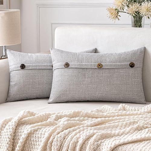ANRODUO Juego de 2 fundas de almohada de lino blanco grisáceo de arpillera de triple botón sólido de 12 x 20 pulgadas, fundas de almohada