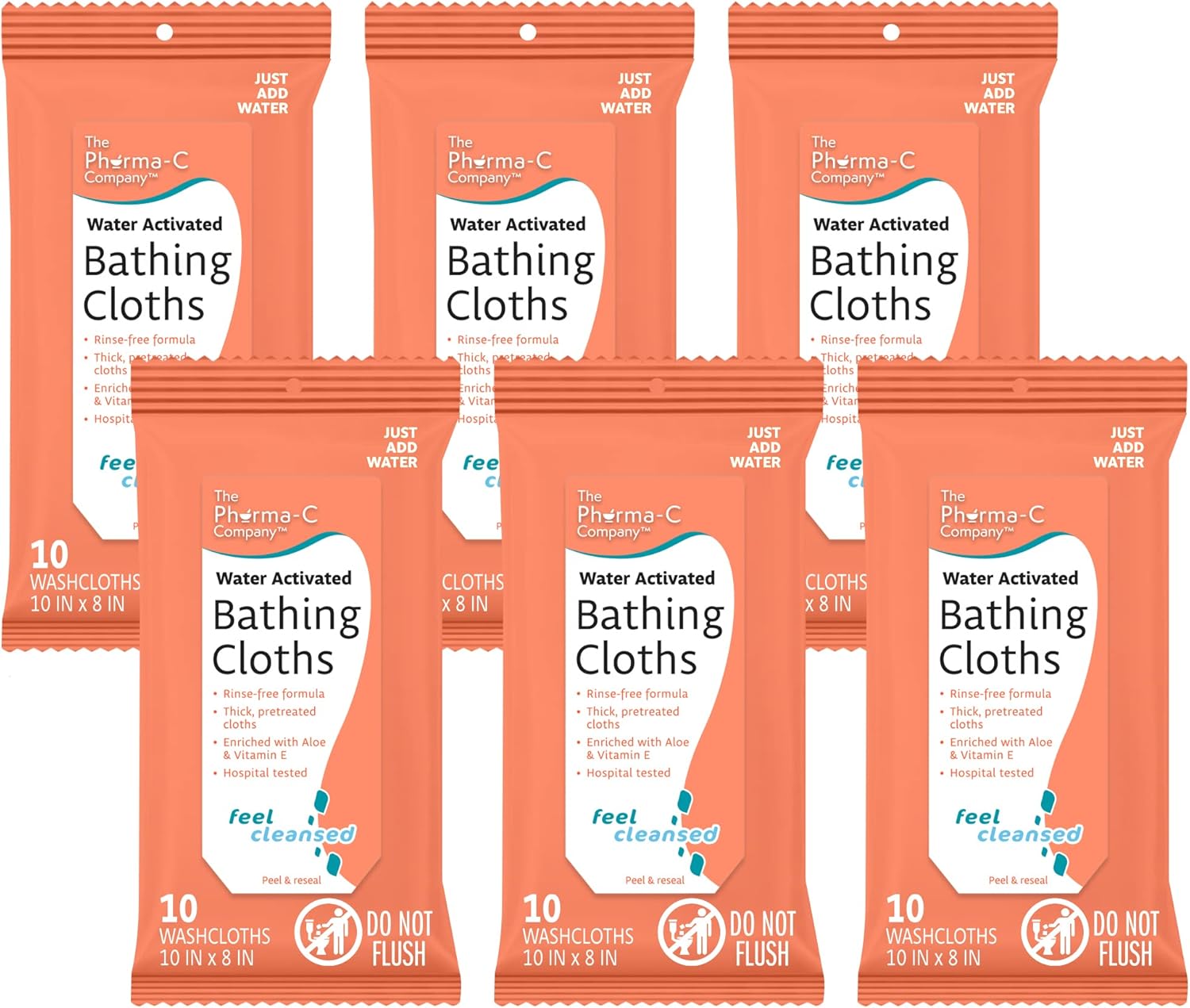 Pharma-C Water-Activated Bathing Cloths [6 pack - 10ct packs] – Rinse-Free XL Body Wipes for Adults. Pretreated Disposable Bath Wipe for Elderly, Hospice, Camping. MADE IN USA. : Health & Household