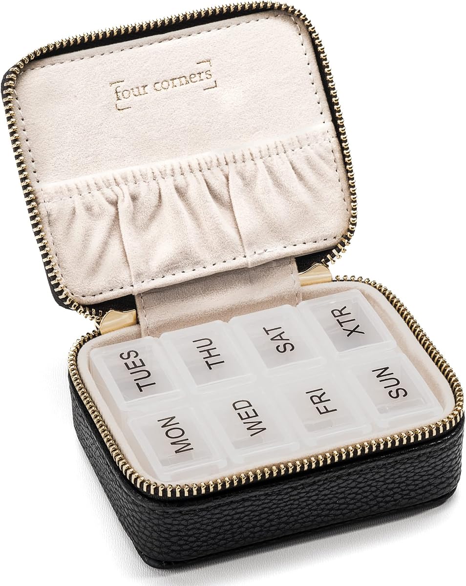 Weekly Pill Organizer 7 Day – Travel Pill Case for Vitamins & Medication, Premium Vegan Leather Pill Box with Removable Daily Compartments, Portable Supplement Organizer with Secure Zipper (Black)