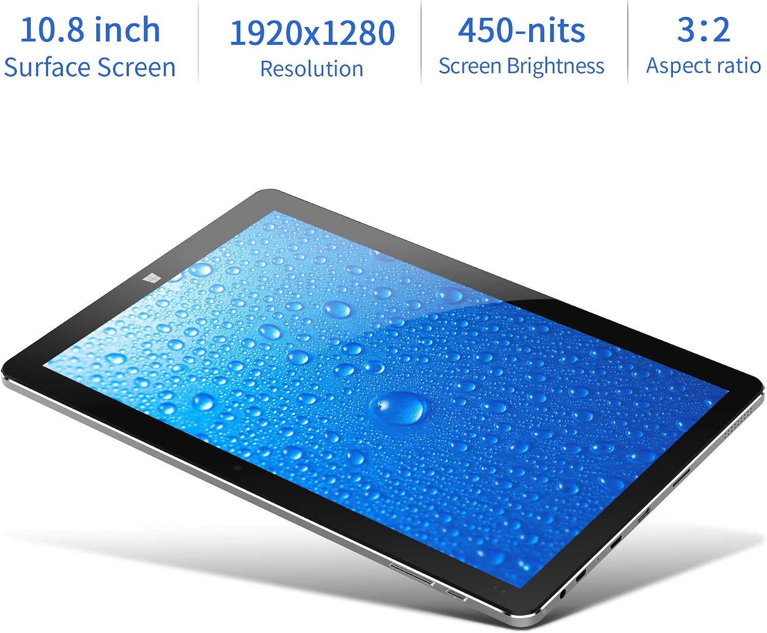 CHUWI Hi10 Plus tablet displaying its screen specifications: 10.8 inch Surface Screen, 1920x1280 Resolution, 450-nits Screen Brightness, 3:2 Aspect ratio.