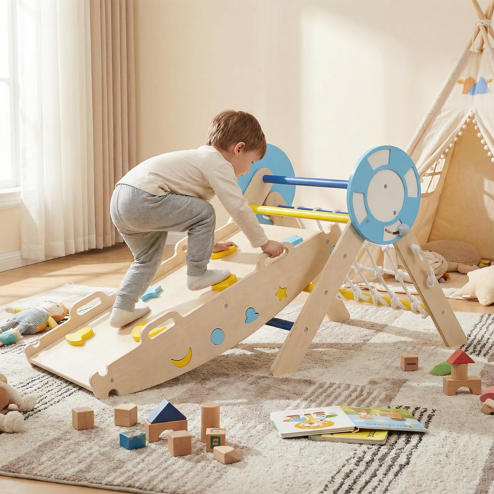RELAX4LIFE Set da Arrampicata per Bambini, Triangolo di Arrampicata con Scivolo e Arco, Gioco di Incastri in Legno (Marinaio con Rete-3 Pezzi | Macaron)