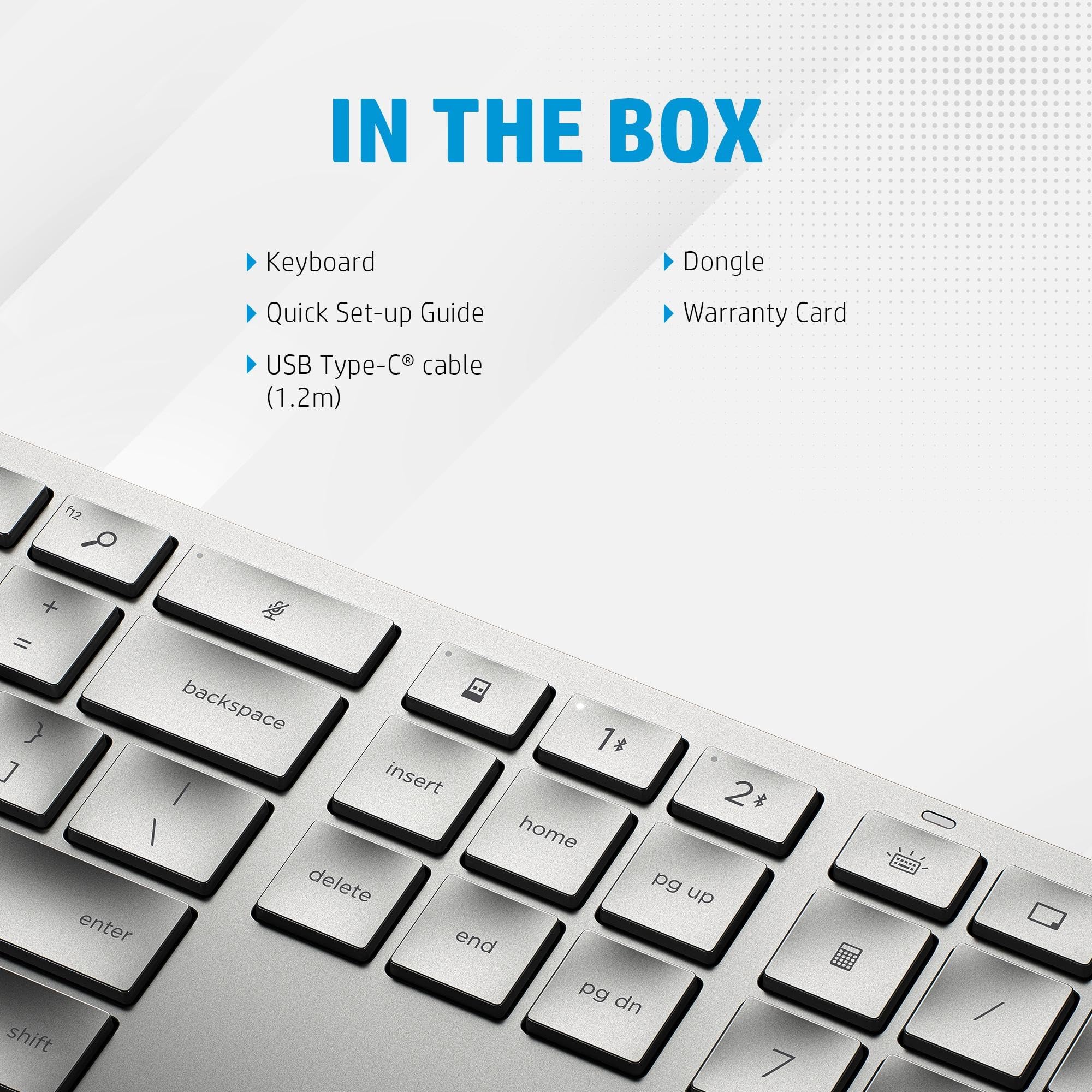 HP 970 Tastiera Wireless, Connessione con Dongle USB-A a 2,4 GHZ e Bluetooth 5.0, 20 Tasti Programmabili, Retroilluminata, Digitazione Silenziosa, Ricarica USB-C fino a 6 Mesi, Bianca