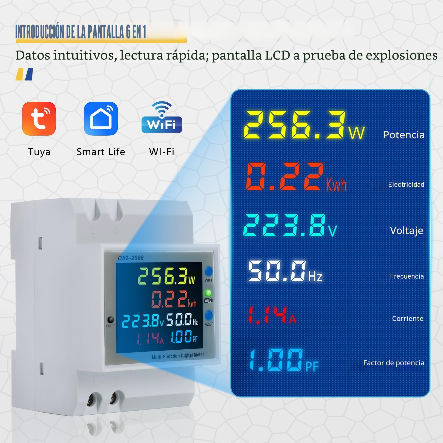 Wifi Medidor de Energía, Contador de Energía Monofásico, Medidor de Energía Digital 6 en 1 AC40~300V 100A Voltímetro Amperímetro Carril Din, Adecuado para la medición del consumo eléctrico