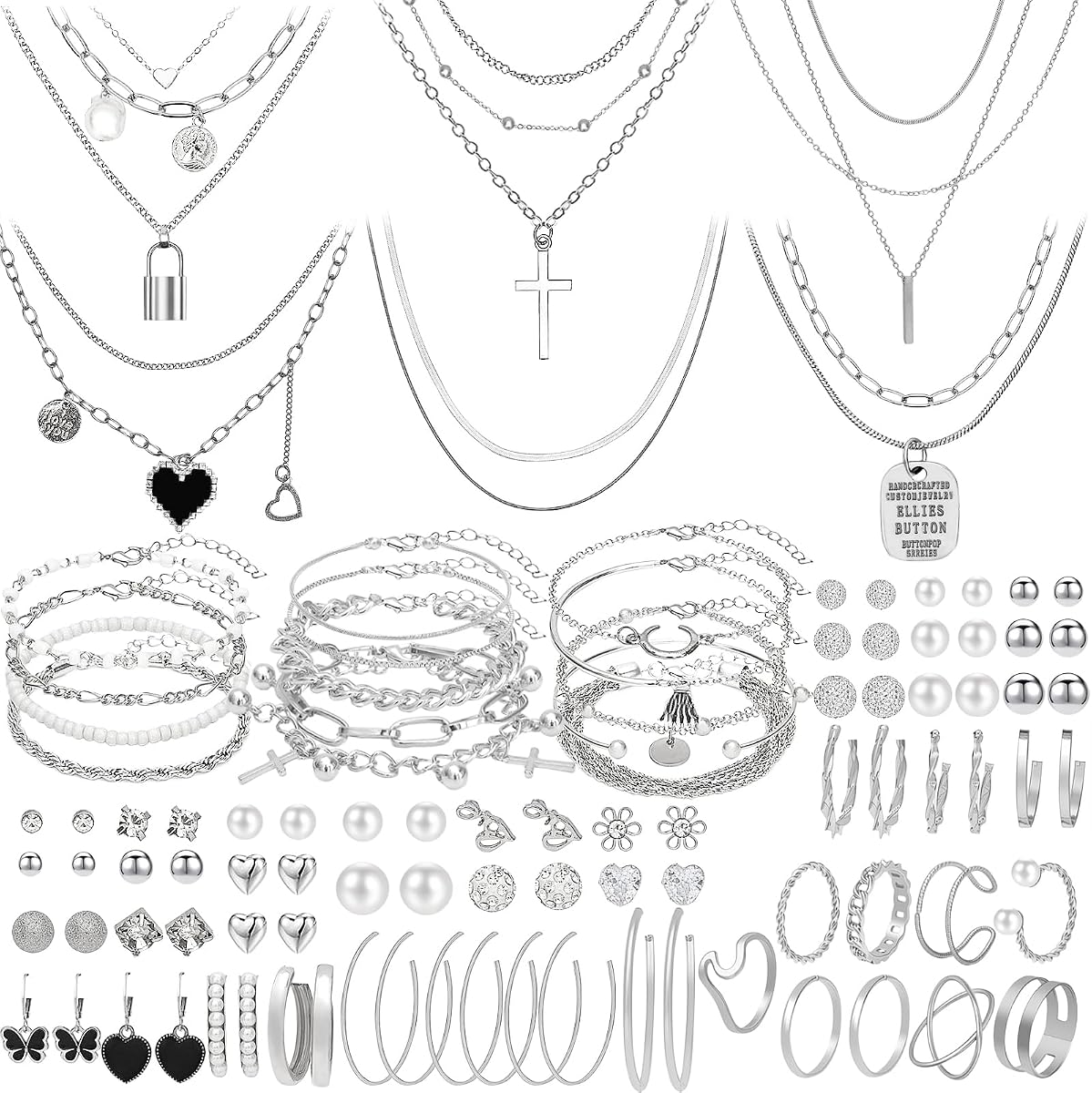 NEWITIN Juego de 100 piezas de joyería de plata dorada para mujer, joyería de moda | Joyería bohemia, circonita cúbica, collar chapado en oro, pulsera, anillo, pendientes para mujer, fiesta diaria, regalos para mujer