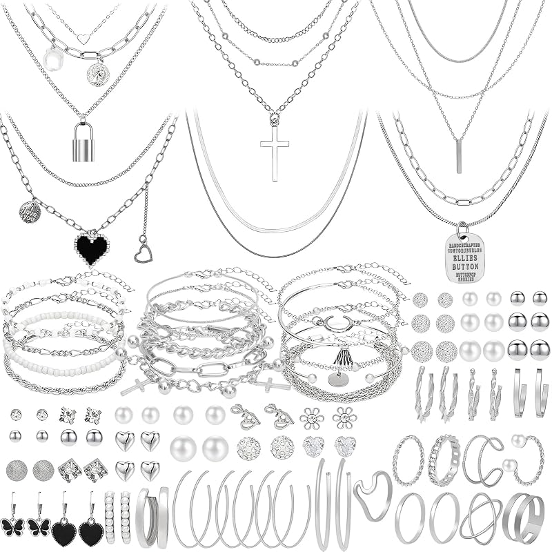 NEWITIN Juego de 100 piezas de joyería de plata dorada para mujer, joyería de moda | Joyería bohemia, circonita cúbica, collar chapado en oro, pulsera, anillo, pendientes para mujer, fiesta diaria, regalos para mujer