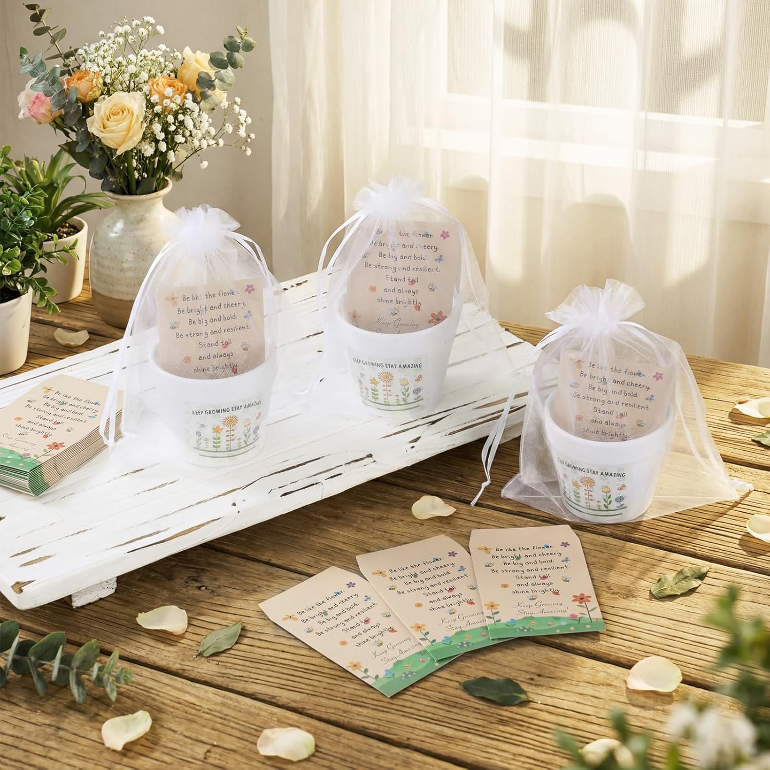 Ctosree 24 Sets End of Year Students Gift from Teacher Include Self Adhesive Seed Packets White Flower Pot Thank You Tags Organza Gift Bags for Teacher to Student Class Rewards Holiday Presents Gifts